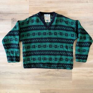 Vintage 80s Norwool Norwegian Wool Green V Neck Sweater Sz L Cabincore Warm Cozy